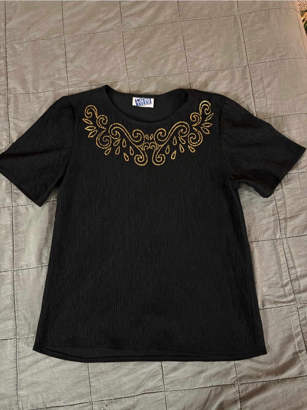 Laura Tyler Black Top with Gold Scroll Design